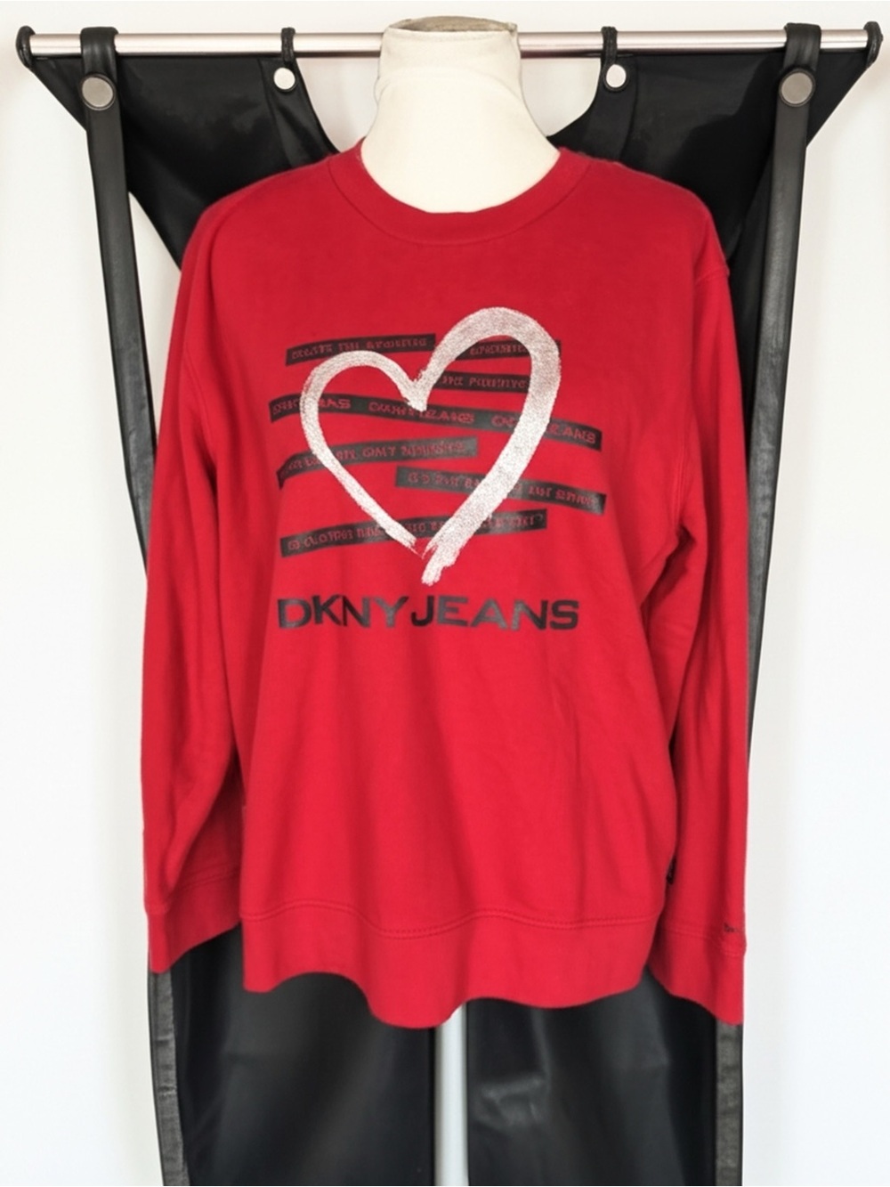 DKNY Red Crewneck Sweatshirt with Silver Heart Graphic